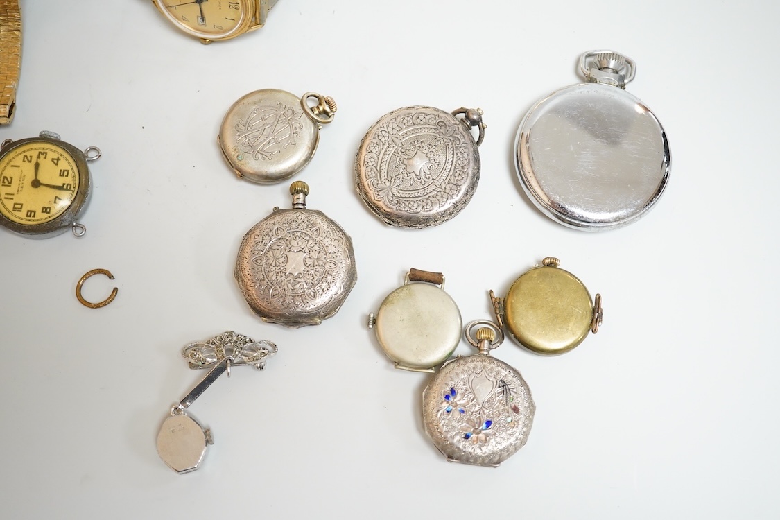 A lady's Edwardian silver and enamel fob watch, with Roman dial and heart shaped orifice, one other silver fob watch and four other white metal fob watches, together with a chrome cased Ingersoll pocket watch and eleven